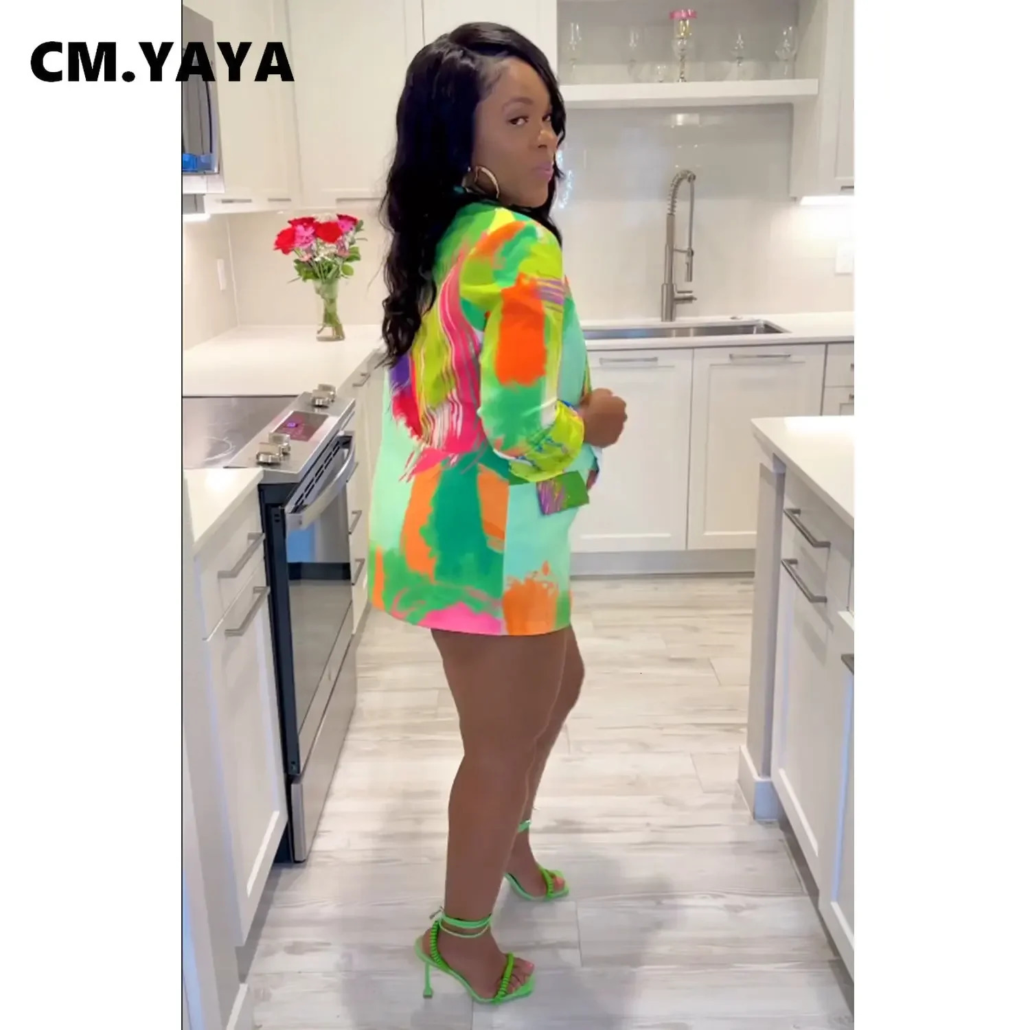 CM.YAYA Elegant Women Graffiti Tie Dye Printed Long Sleeve Blazer Fashion Street INS Chic Office Lady Female Blazers 250206