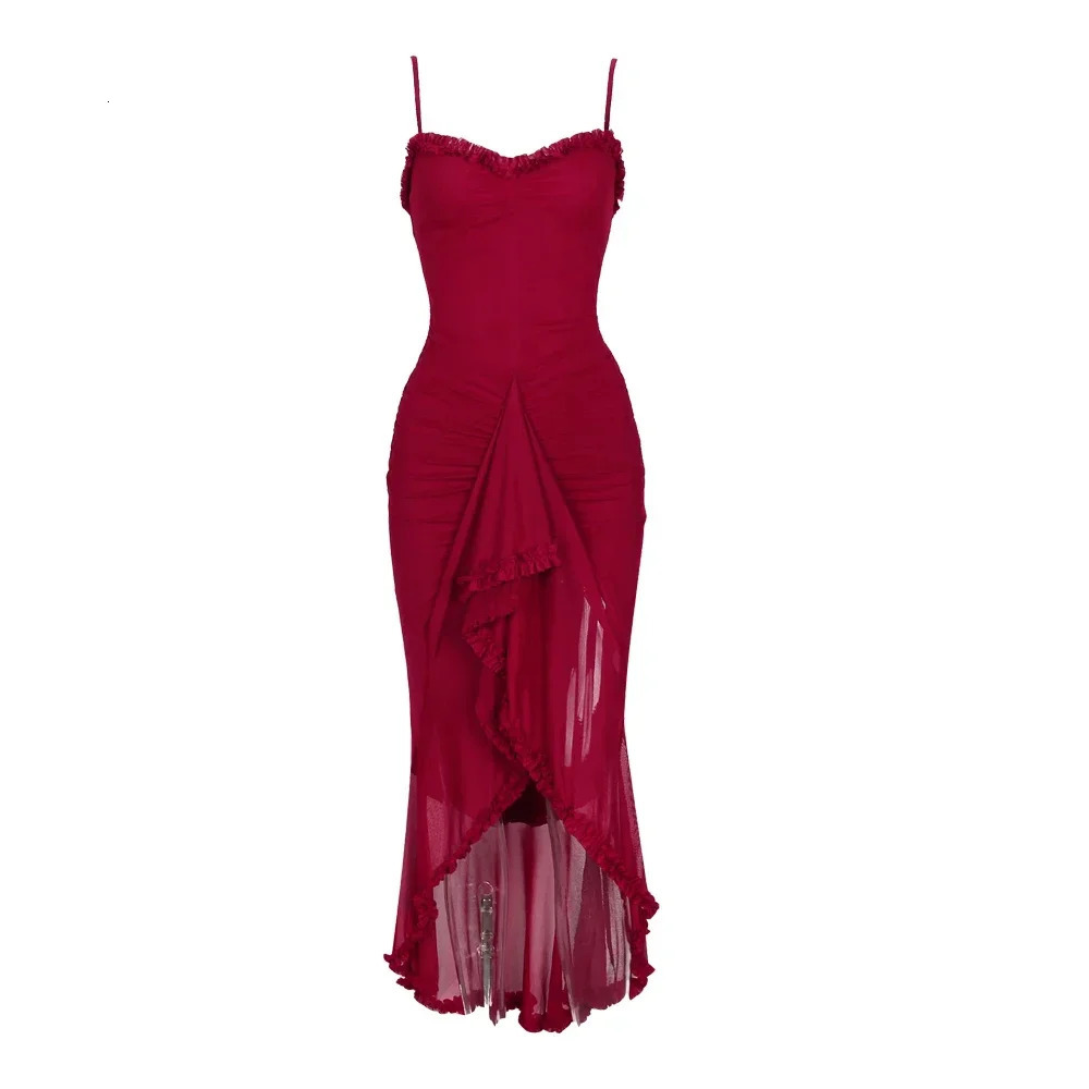 Suninheart Irregular Mesh Party Dresses Arrivals Spaghetti Strap Bodycon Dress Fashion Ruched Long Dress Women 250211