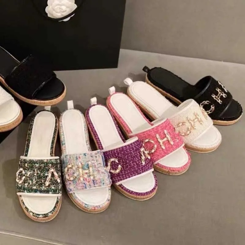 Designers sandals Women Slides slippers For Wedge Flats Fashion Beach Mule Brand Casual Slide Platform Chain Rubber Slider Cotton Crystal Calf Leather Sandal