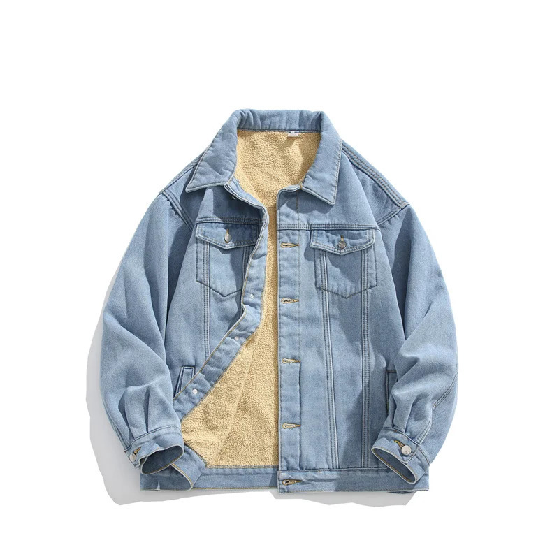 Mens winter jeans streetwear denim jacket warm denim jacket mens wool lining thick wool denim jacket 250211