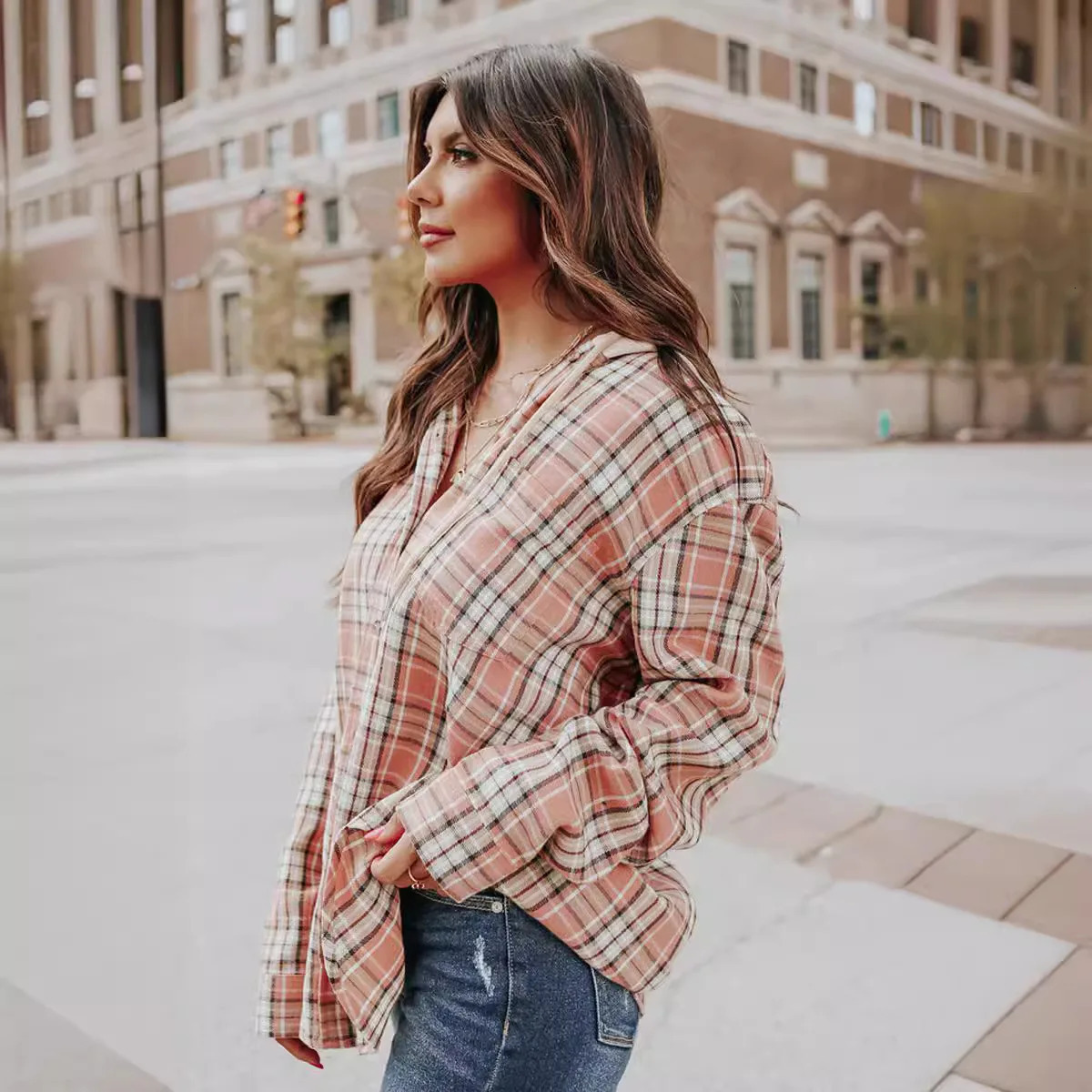 Womens Fashion Hooded Loose Fit Plaid Cardigan Thin Jacket 250109Z