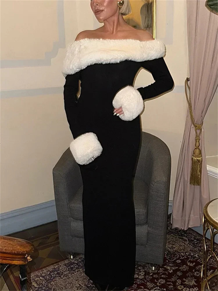 Tossy Fluffy Winter Slim Maxi Dress Female High Waist Long Sleeve Sexy Off-Shoulder Patchwork Bodycon Dress Ladies Party Dress 250210