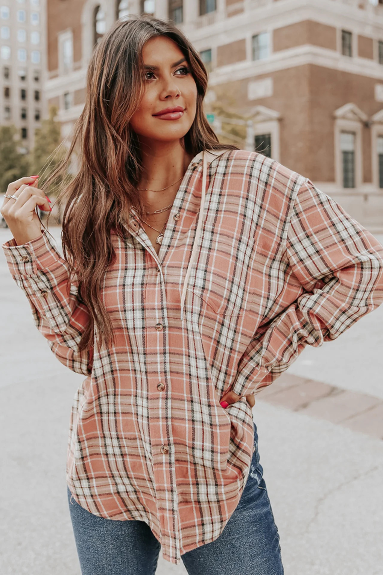 Womens Fashion Hooded Loose Fit Plaid Cardigan Thin Jacket 250109Z