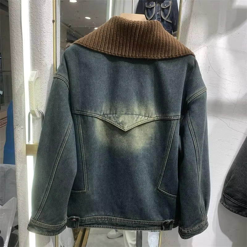 hoodie Autumn Winter New Denim Jacket Women Vintage Plus Veet Padded Cowboy Coat Short Knit Collar Outerwear Female jacket