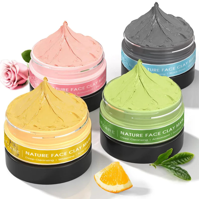 4 Pcs Clay Facial Mask Set Turmeric Vitamin C Green Tea Dead Sea Mud Rose Clay Deep Cleansing Moisturizing Refining Pores 320g 250113