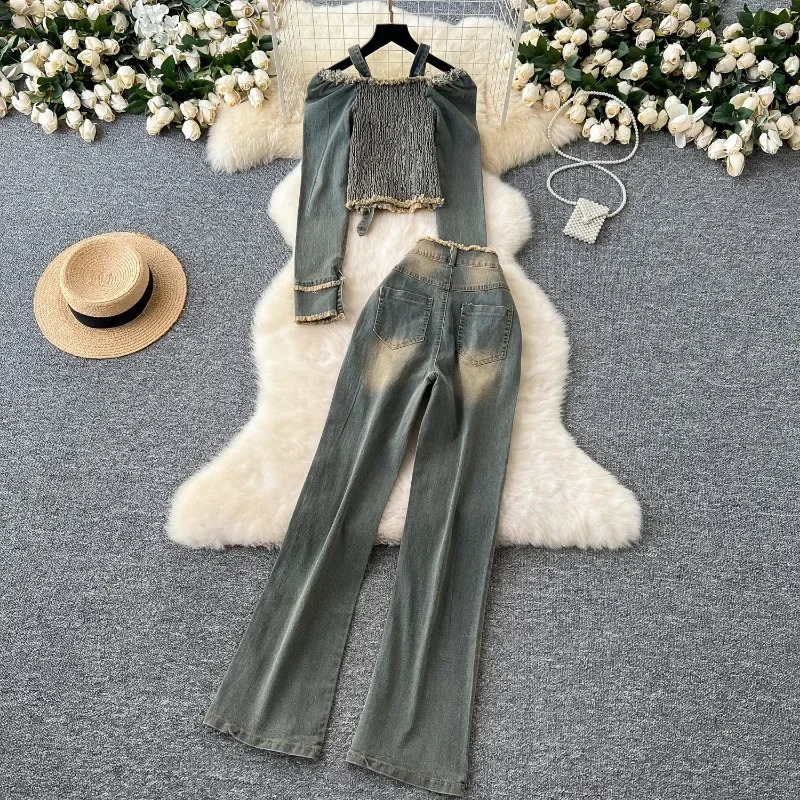 Autumn Denim 2 Piece Set Women Halter Slash Neck Off Shoulder Long Sleeve Pleated Jackets Casual Jeans Y2k Streetwear Suit 250211