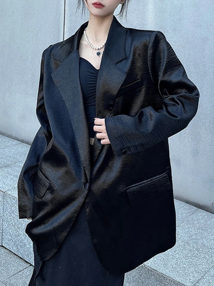 EAM Women Silver Big Size Glossy Sensation Blazer Lapel Long Sleeve Loose Jacket Fashion Spring Autumn 31A0901 250106