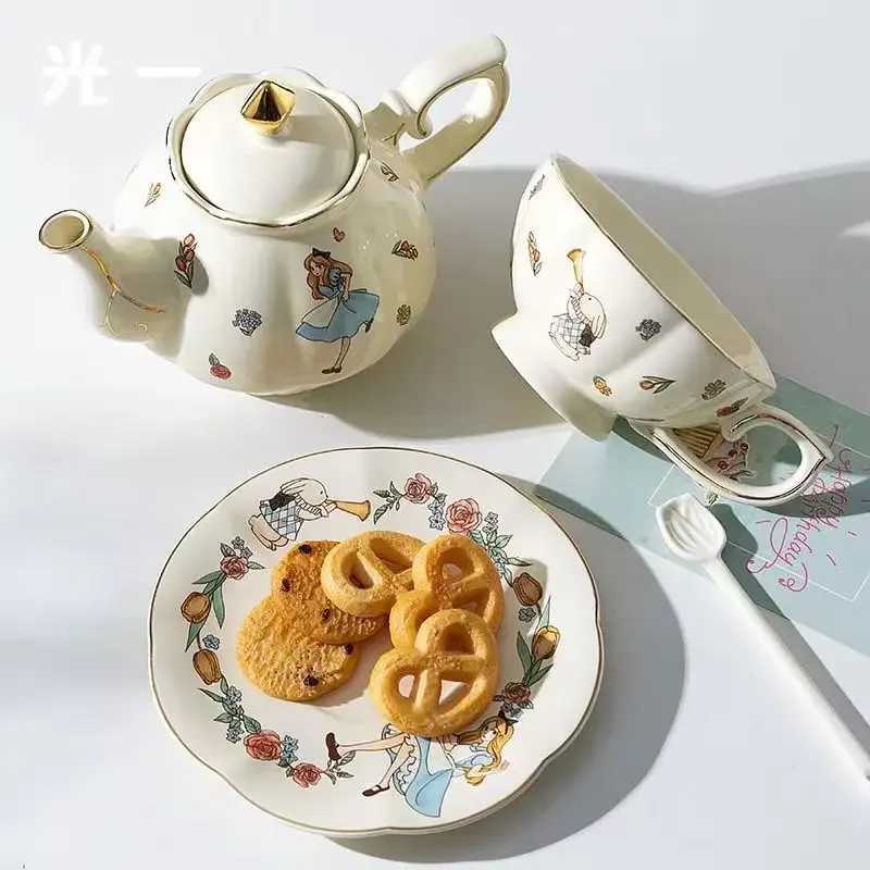 Cups Saucers Mother and Child Pot Alice in Wonderland Ceramic Tea Set with Teapot and Matching Cups Tea Party Set with Cute Rabbit Tea Pot CL250211