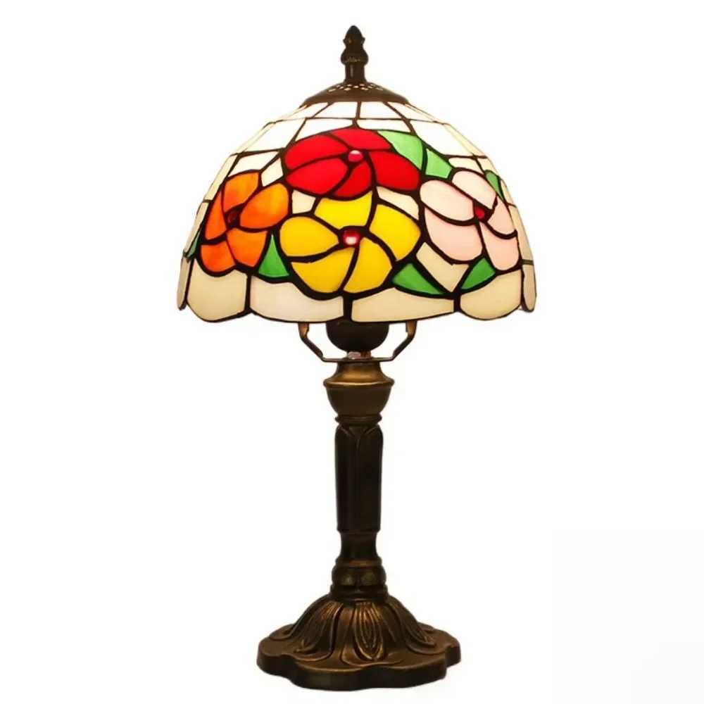 8inch Tiffany Stained Glass Curved Beige Lampshade Table Lamp American Living Room Bedroom Night Light Villa Hotel Desk Lamp Z250211