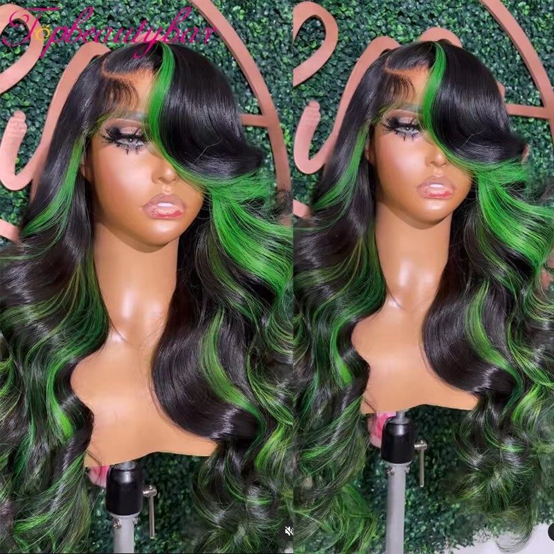 Peruvian Green Highlight Wig Human Hair Colored Green 13x4 Lace Front Human Hair Wigs for Women Synthetic Full Lace Front Wigs
