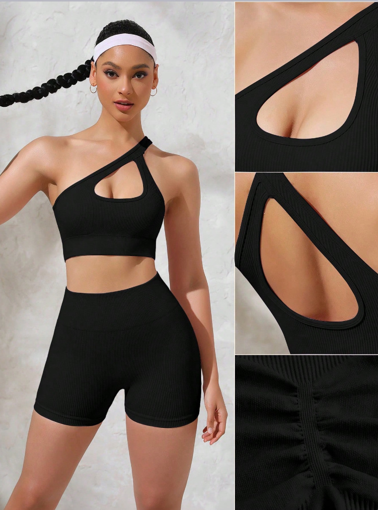 European and American women's threaded hollow sloping shoulder sexy bra seamless yoga suit peach hip shorts fitness set training sportswear