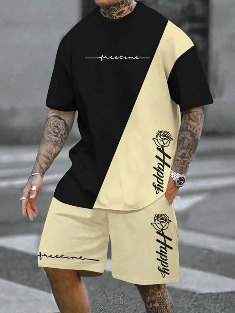 Mens 2 Piece Outfits Graphic Print Round Neck Short Sleeve T-Shirt And Drawstring Shorts Set Casual Everyday Summer Mens Set W250211