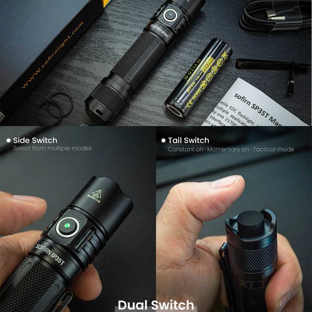 Sofirn SP35T 3800lm tactical 21700 flashlight power LED light USB C rechargeable flashlight with dual switch power indicator ATR Z250325