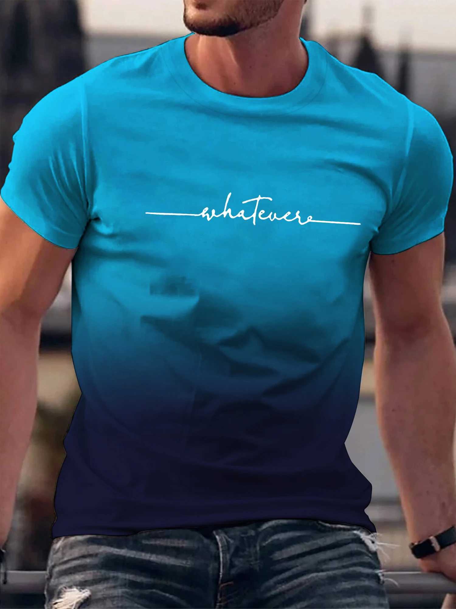 Summer Outing Whatever Print Gradient Crew Neck T-shirt For Men Trendy Casual Short Sleeve Top Mens Tee ropa de hombreXJ250211