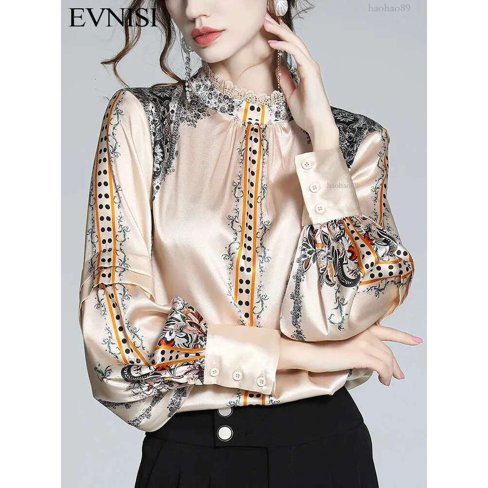 EVNISI French Printed Woman Blouse Silk Satin Shirt Elegant Loose Lantern Sleeve Office Ladies Spring Autumn Pullover Tops 240315