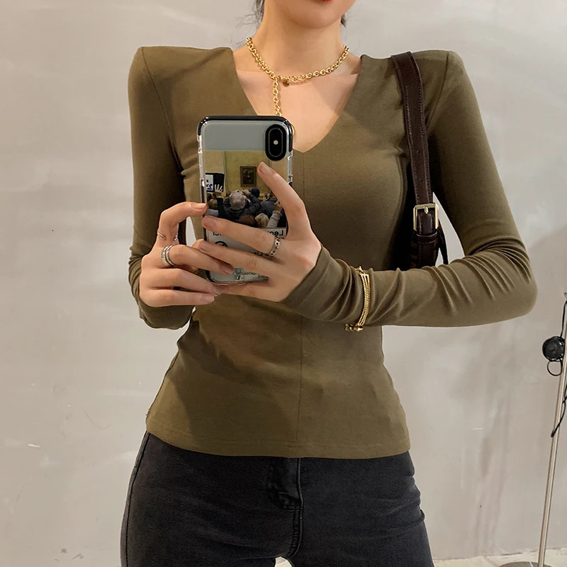 Casual Cotton V Neck Long Sleeve Tshirt Women Autumn Winter Fashion Shoulder Pad Slim Fit Female Tops Ladies Basic Elastic Tees 250211