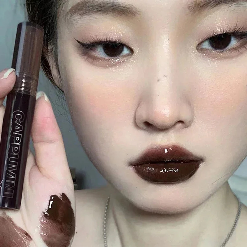 Punk Dark Brown Mirror Water Lip Gloss Red Lip Glaze Transparent Glass Lip Oil Waterproof Liquid Lipstick Clear Tint Makeup 250113