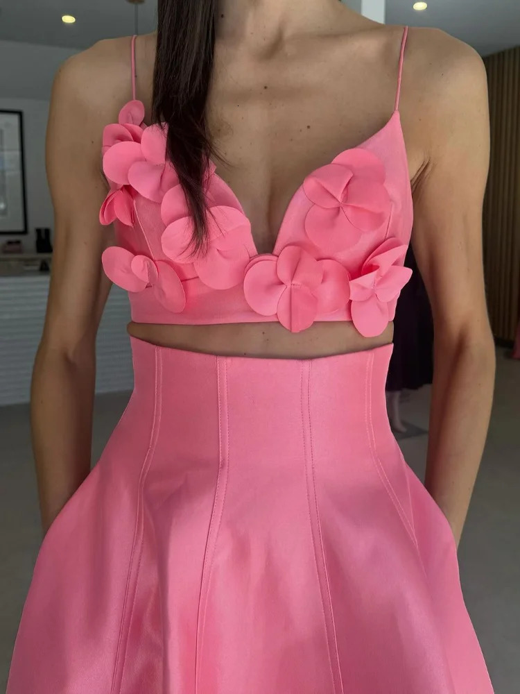 Summer Sexy Sleeveless Vest Maxi Skirt Two Pieces Set Women Elegant Flower Decor Crop Tops Skirts Suits Lady Vacation Party Gown 250210