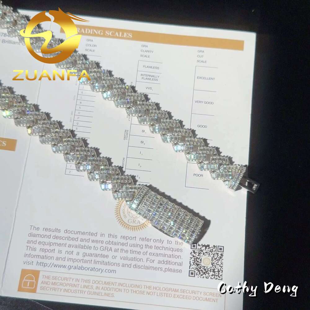 14K Gold Plated Baguette Cut 12Mm Moissanite Cuban K Chain Bracelet Iced Out Hip Hop Sier Pass Dia Tester Cuban Chain