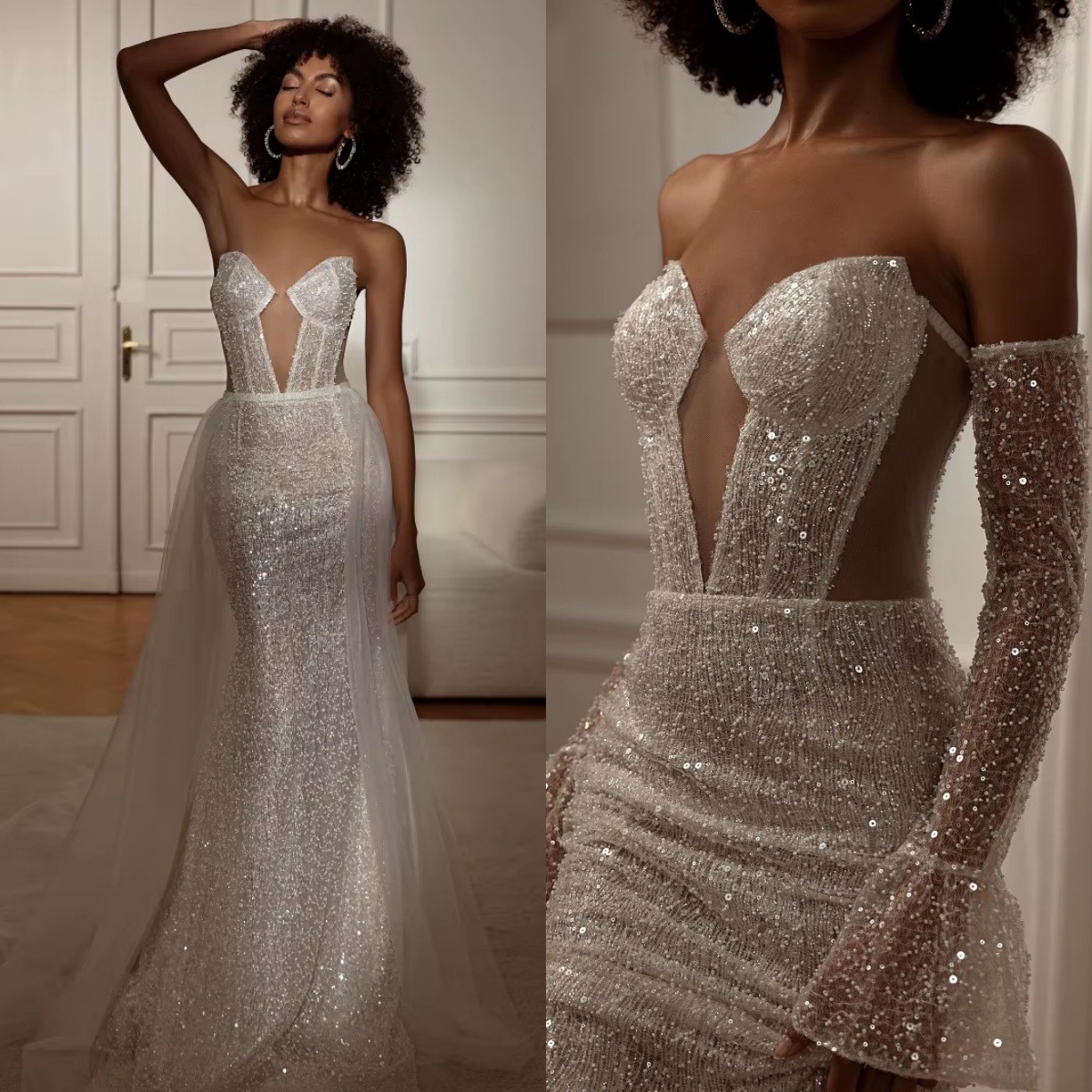Simple Mermaid Wedding Dress Sweetheart Neck Sleeveless Bridal Gowns Sequins See Through Detachable Train Dresses Custom Made vestidos de novia