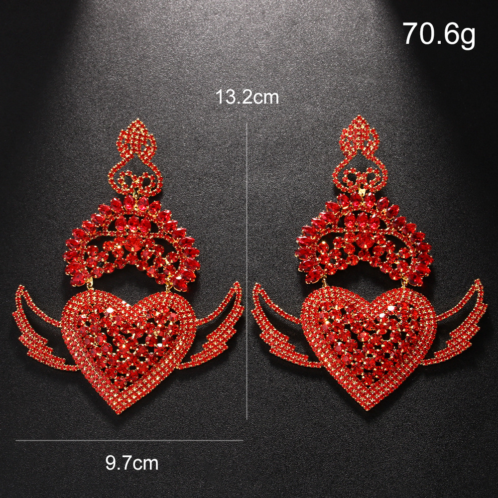 Exaggerated Angel Wing Heart Earrings with Sparkling Rhinestones Statement Ear Drops for Queens Banquet Accessories