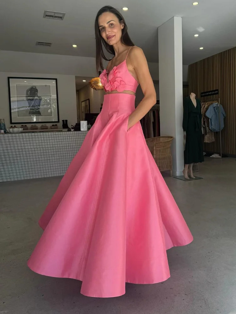 Summer Sexy Sleeveless Vest Maxi Skirt Two Pieces Set Women Elegant Flower Decor Crop Tops Skirts Suits Lady Vacation Party Gown 250210