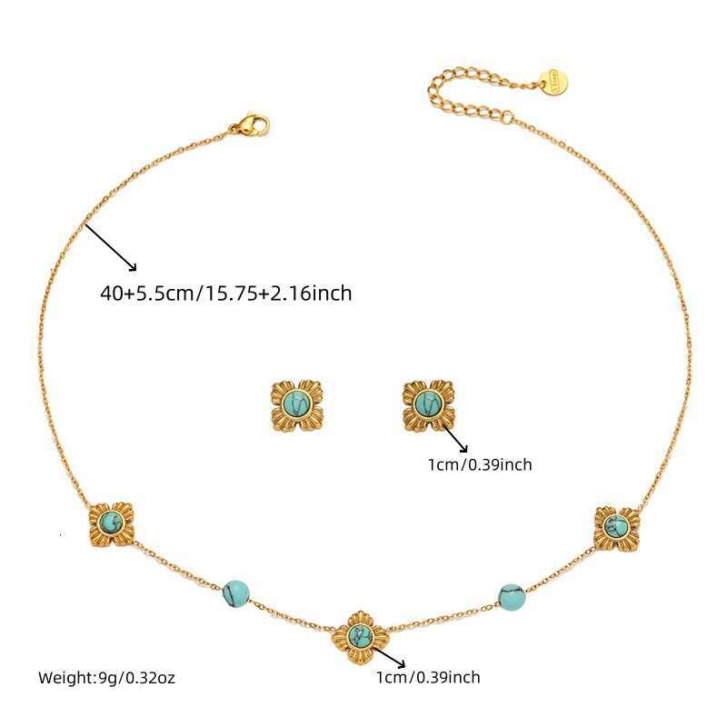 Personalized trend new Chinese style four petal wer inlaid with turquoise accessories three piece necklace earrings bracelet stainless steel set