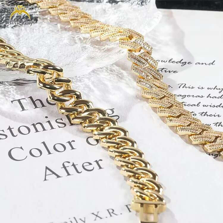 Iced-Out Gold Leaf 16mm Sterling Silver Cuban Link Hip Hop Necklace with Baguette Moissanite