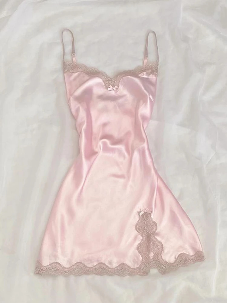 Sexy womens dress lace Harajuku fashion solid color Y2K slit short skirt cute emo girl comfortable satin aesthetic suspender 250210
