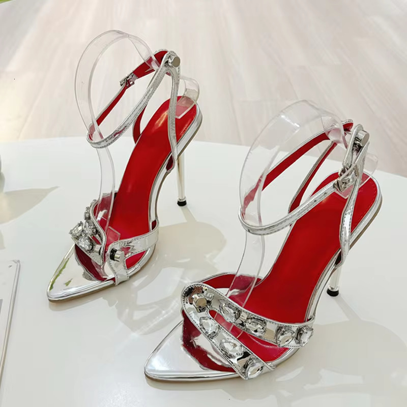 Liyke Summer Fashion Gem Rivet Narrow Band Women's Metal Thih High Heels Sandals Sexy Pointed Open Toe Party Dress Shoes Size 41