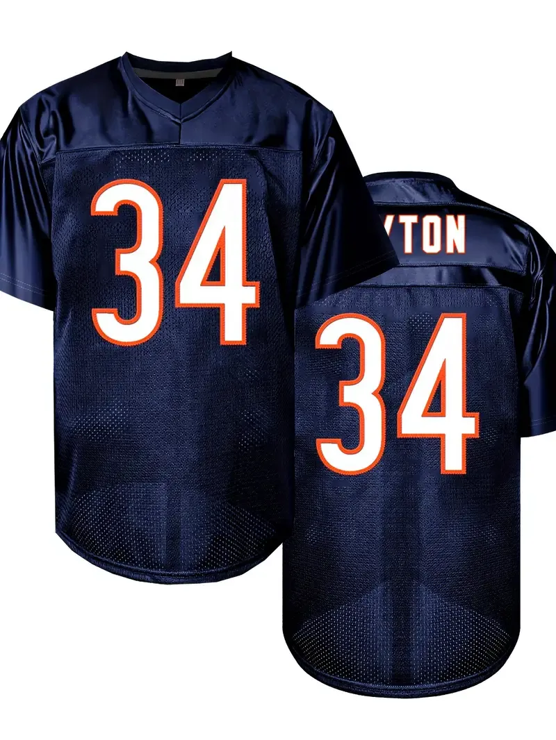 34 Walter Comfy V-Neck Jersey Navy Blue Mesh Embroidery for Training and Competition Breathable Moisture-Wicking American Football Shirt