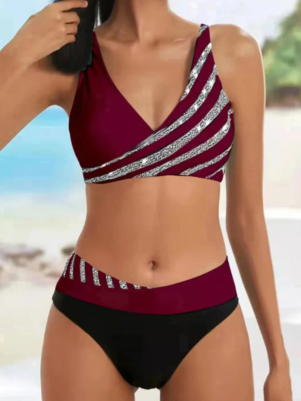 V Neck Bikini Set 2024 Women Stripe Print Patchwork Swimwear Summer Beachwear Swimsuit Female Bathers Bathing Swimming Suit 2XL 250210