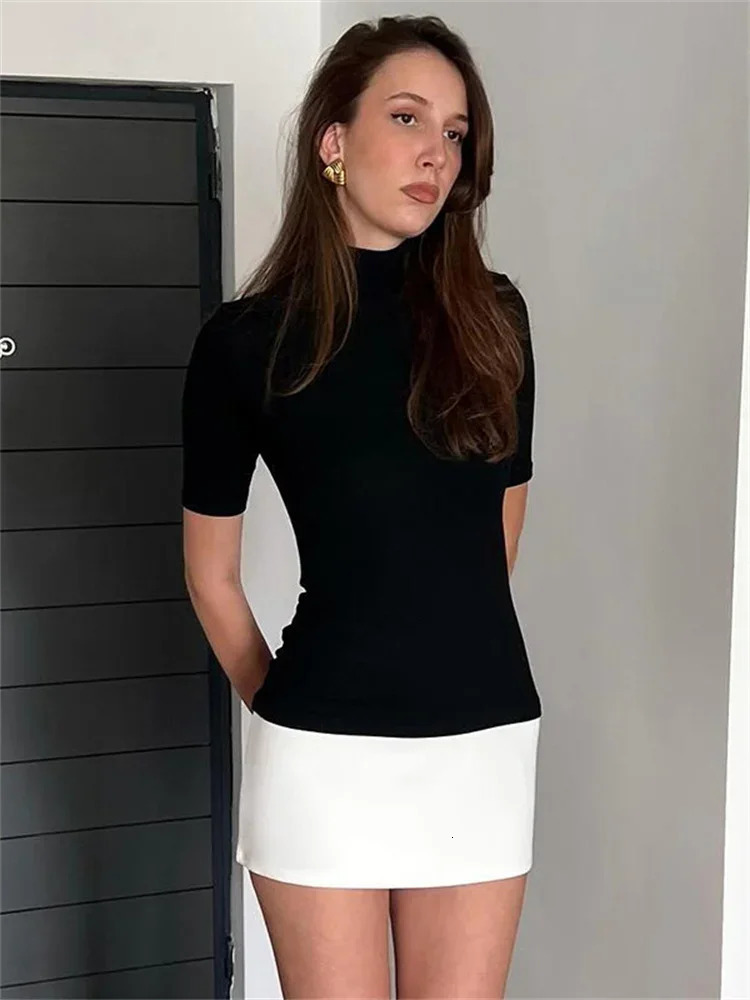 Tossy Summer Female Contrast Mini Dress Casual High Waist Short Sleeve Sexy Skinny Patchwork Bodycon 250210