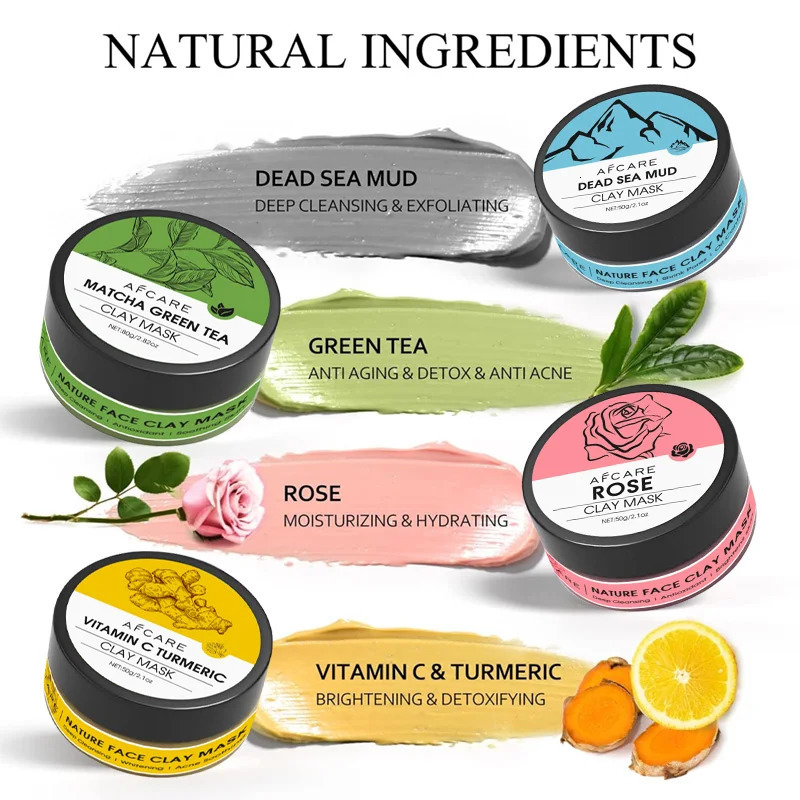 4 Pcs Clay Facial Mask Set Turmeric Vitamin C Green Tea Dead Sea Mud Rose Clay Deep Cleansing Moisturizing Refining Pores 320g 250113