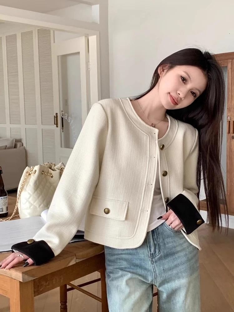 Jmprs Slim Elegant Tweed Jackets Women Fashion Korean Long Sleeve Short Coats Casual O Neck Female Fall Winter Tops 250210