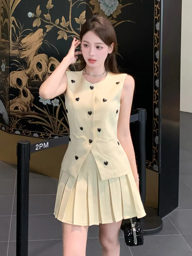 High Quality Korean Elegant Fashion OL 2 Set Women Blazer Vest Top + Pleated Skirt Two Piece Suits Small Fragrance Outfit