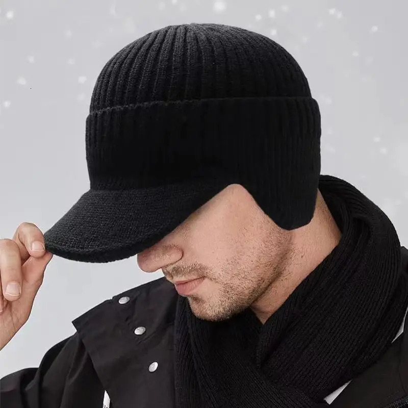 Winter Knitted Men Baseball Cap Solid Color Warm Ear Protection Hat Outdoor Cold-proof Male Crochet Earmuffs Beanie 250110