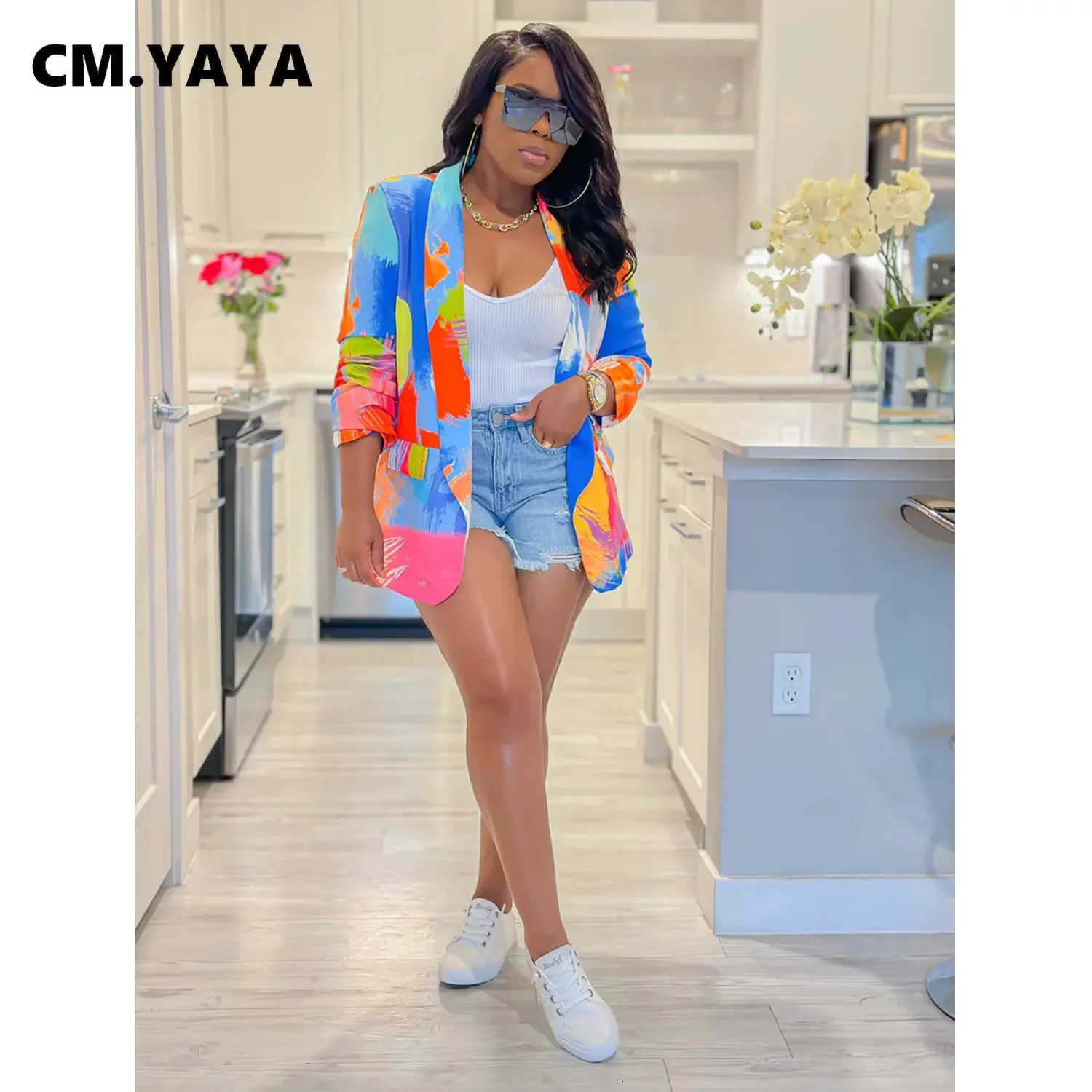 CM.YAYA Elegant Women Graffiti Tie Dye Printed Long Sleeve Blazer Fashion Street INS Chic Office Lady Female Blazers 250206