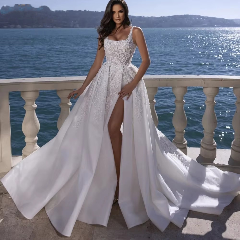 Simple Women Wedding Spaghetti Straps Sleeveless Bridal Gowns Appliques Split Side Sweep Train Dress Custom Made vestidos de novia