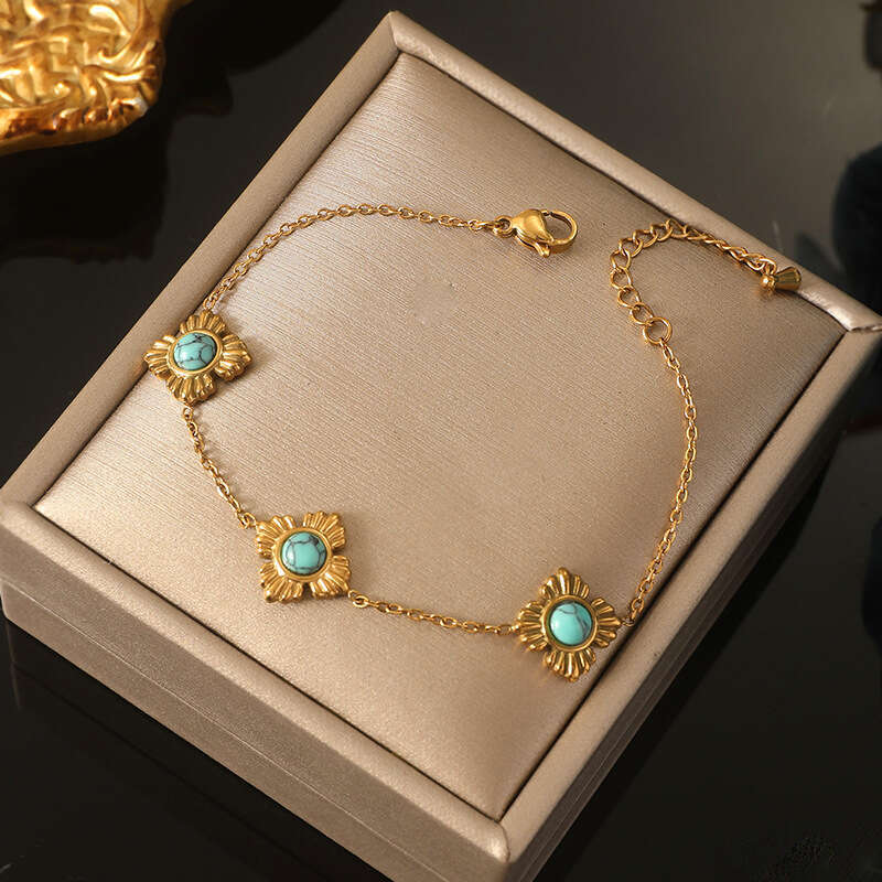 Personalized trend new Chinese style four petal wer inlaid with turquoise accessories three piece necklace earrings bracelet stainless steel set