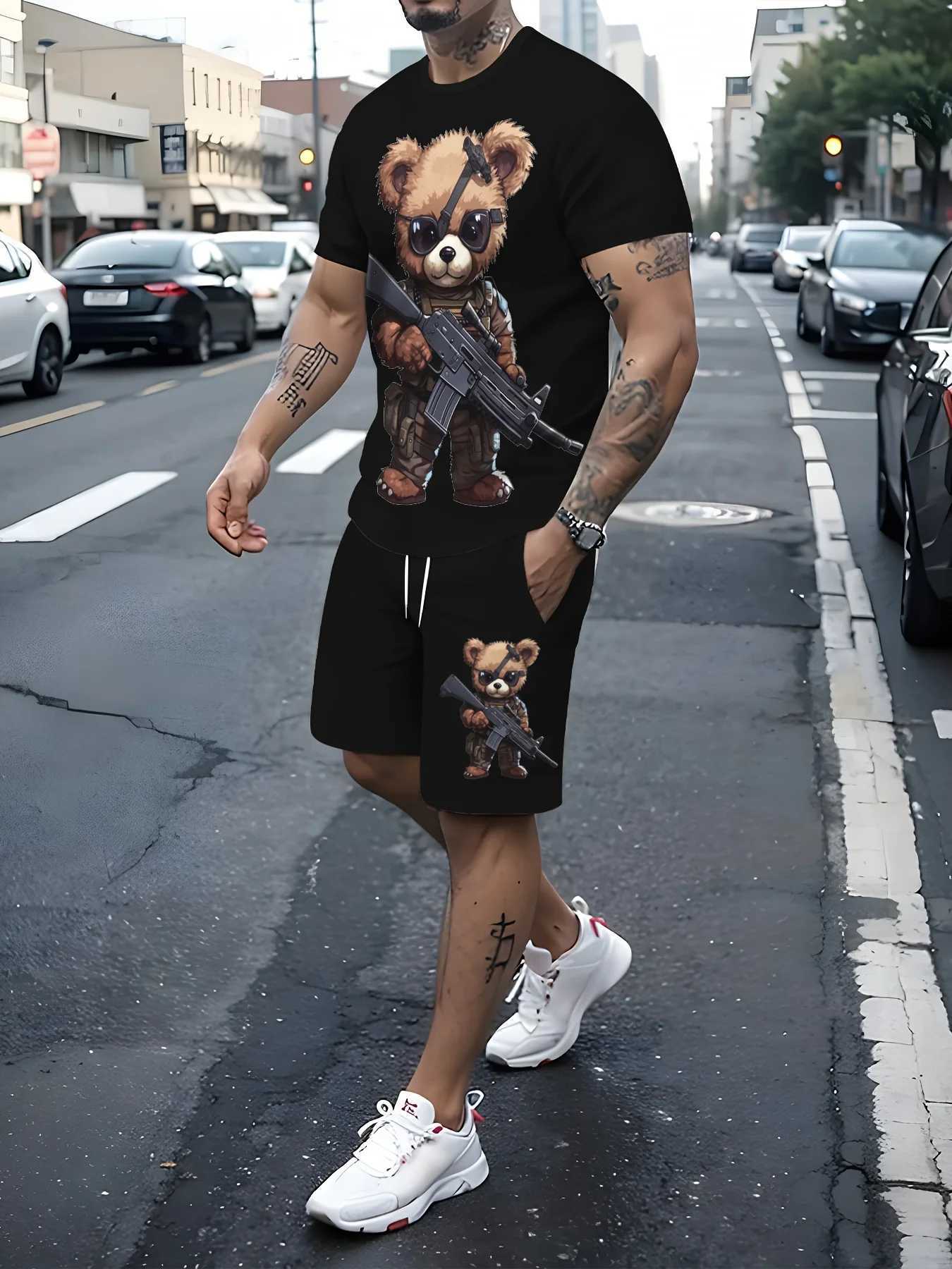 Luxury Teddy Bear Printed Mens T-shirt Set for Summer Casual Daily Mens Short sleeved Top Outdoor Street Mens Shorts W250211
