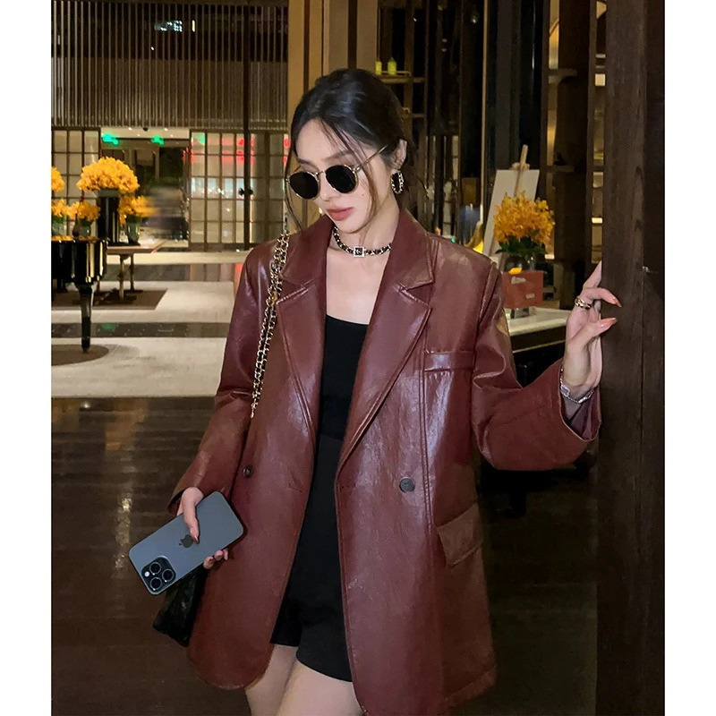 Angola Red Fried Street Retro Womens PU Leather Suit Jacket 2024 Spring and Autumn Loose Hong Kong Style Leather Coat Top 250210