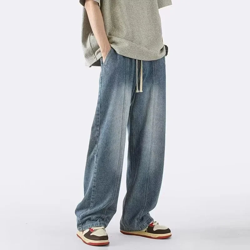 Autumn Drawstring Baggy Y2K Jeans For Men High Street Straight Wideleg Denim Trousers Vintage Washed Jean Hombre Pantalones w250210