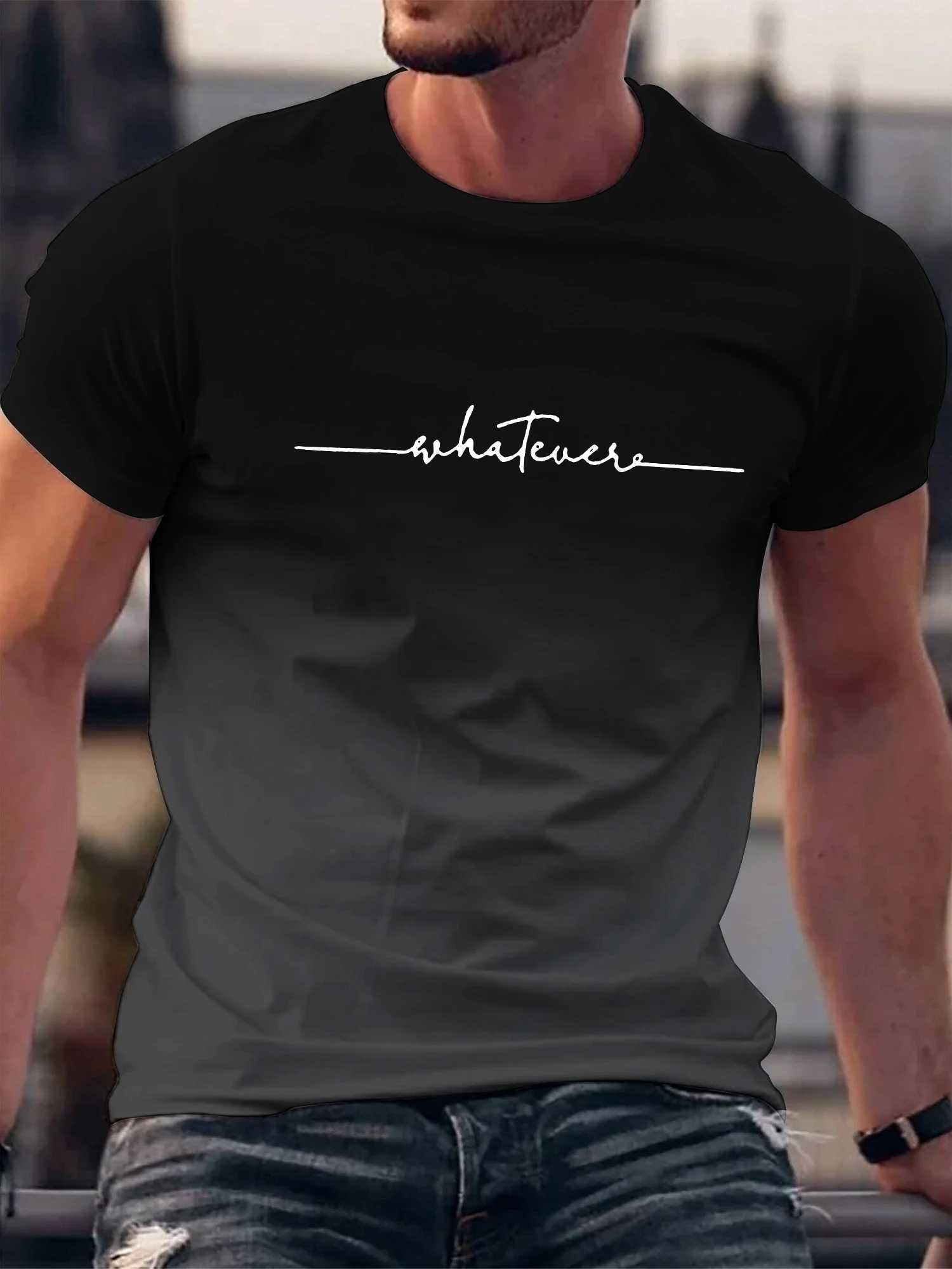 Summer Outing Whatever Print Gradient Crew Neck T-shirt For Men Trendy Casual Short Sleeve Top Mens Tee ropa de hombreXJ250211