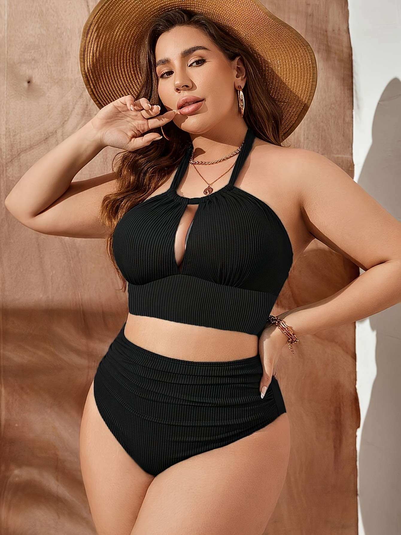 2pcs Chic Plus Size Bikini Women Halter Neck Swimsuit Black Hollow Out Bra with Keyhole Stretchy High Waist Panty Ribbed Swimwear Large Size Bikinis B