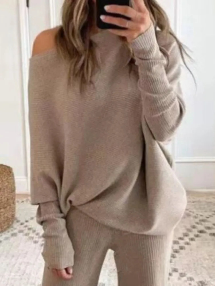 Fashion Long-sleeved Bateau Collar Top Wide-leg Pants 2-piece Set Women Elegant Autumn Solid Color Knitted Loose Suit Female 250206