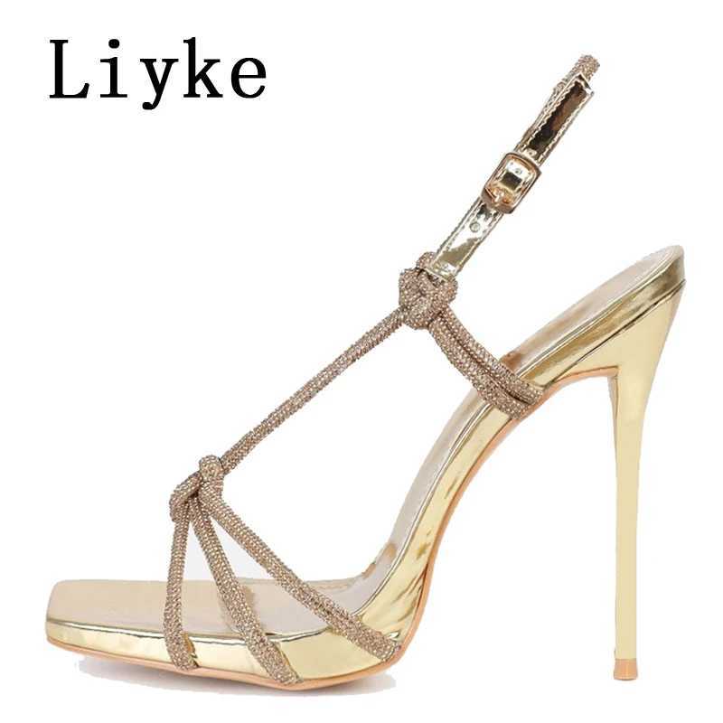 Liyke Sexy Golden Crystal Back Buckle Strap Sandals Women Summer Party Nightclub Stripper Heels Glitter Rhinestones Ladies Shoes Z250211