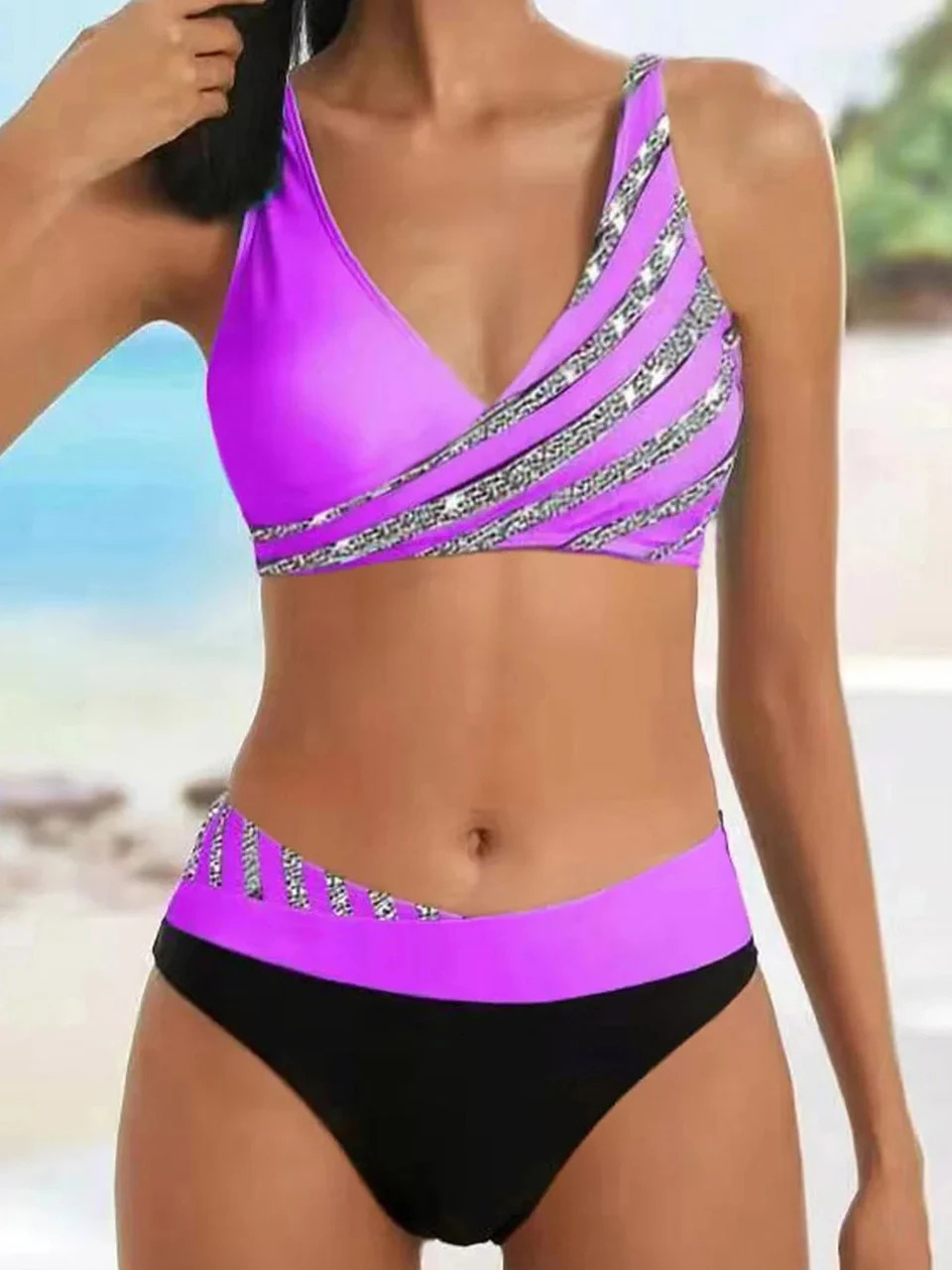 V Neck Bikini Set 2024 Women Stripe Print Patchwork Swimwear Summer Beachwear Swimsuit Female Bathers Bathing Swimming Suit 2XL 250210