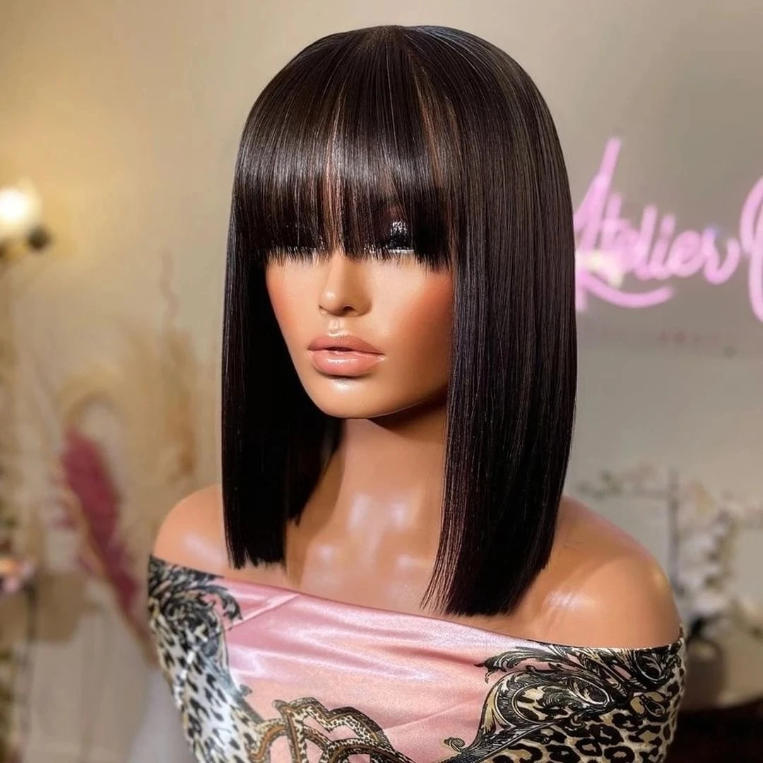 200density Black Short Straight Short Bob Human Hair Wigs With Bangs Cheap Full Lace Wigs Brazilian Remy Hair Bob Wigs For Woman