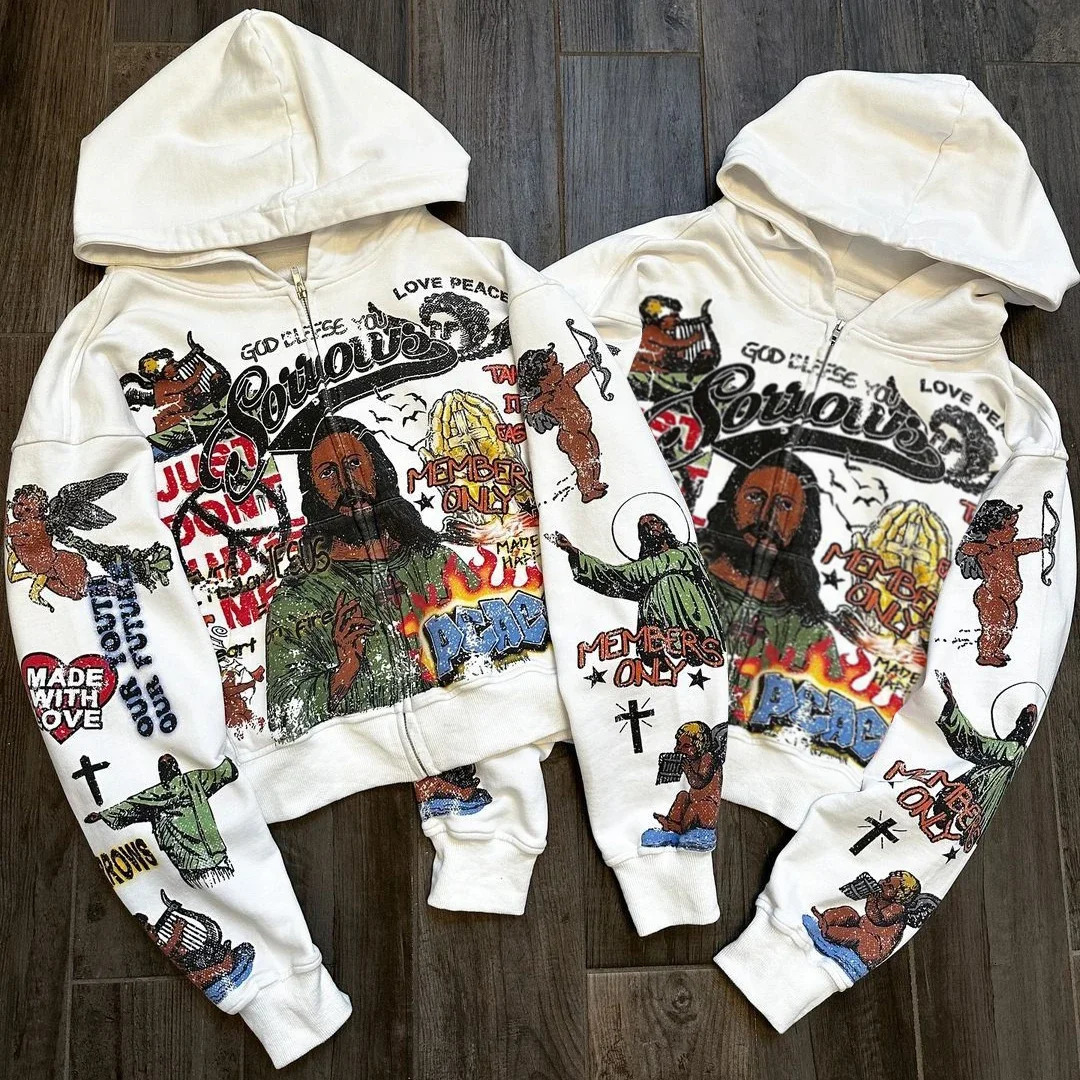 Y2k American God Colorful Printed Loose Zip Up Hoodie Men Fashion High Street Retro Sweatshirt Gothic Aesthetics Women Jacket 250206